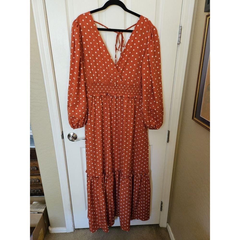 Pink Lily Orange Polka Dot Maxi Dress Long Sleeve Smocked Waist Open Back 3X